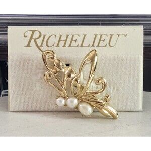 Richelieu Butterfly Brooch Gold-Tone With Faux Pearls 1.25 In H X 1.75in W Vtg